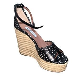Tabitha Simmons Harp Espadrille Sandals Wedge Heel Black Laser Cut Size 7